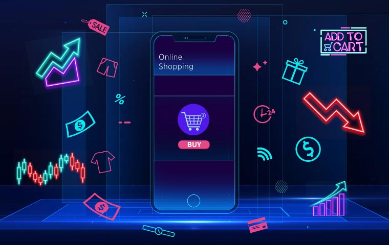 A graphical picture with number of small neon icons about online business with woocommerce android