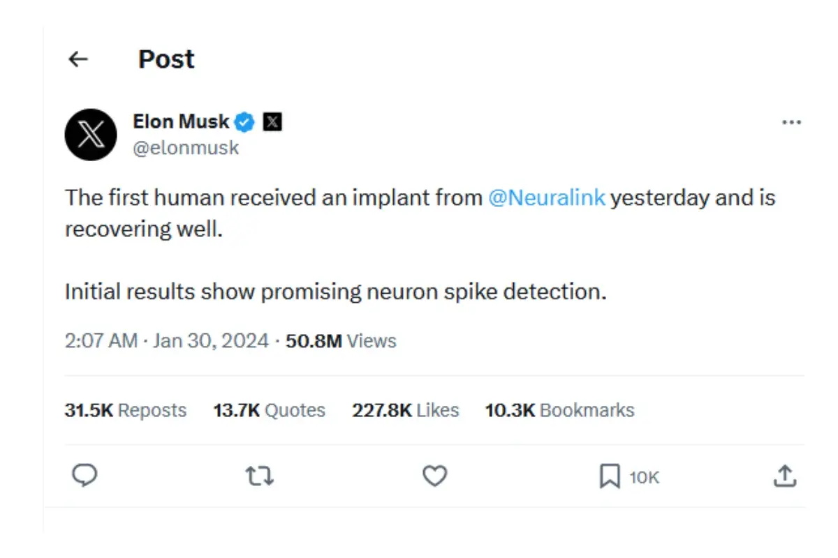 Elon Musk's tweet on Neuralink